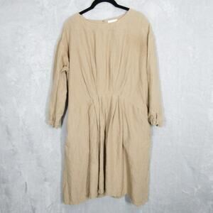 studio CLIP Dress Womens Medium Beige 100% Linen Long Sleeve Button Cuff Pockets
